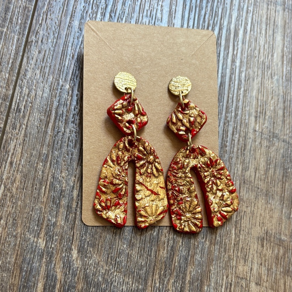 Handmade Red & Gold Floral Arch Drop Polymer Clay Earrings - Women Jewelry